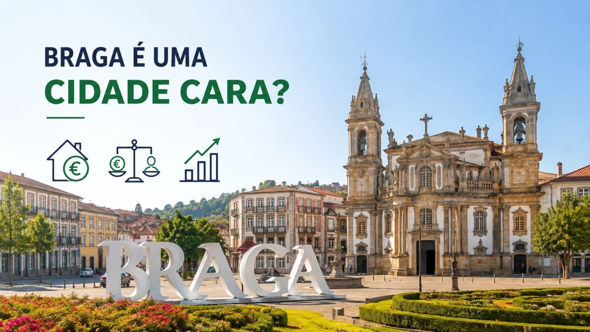 Praça central do município minhoto com letreiro de Braga, igreja histórica ao fundo e infográfico sobre o custo de vida local.