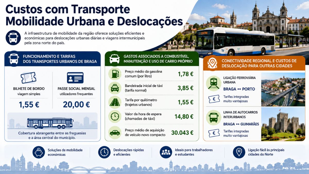 Infográfico explicativo sobre tarifas de transportes públicos uso de carro próprio e conectividade regional no município de Braga.