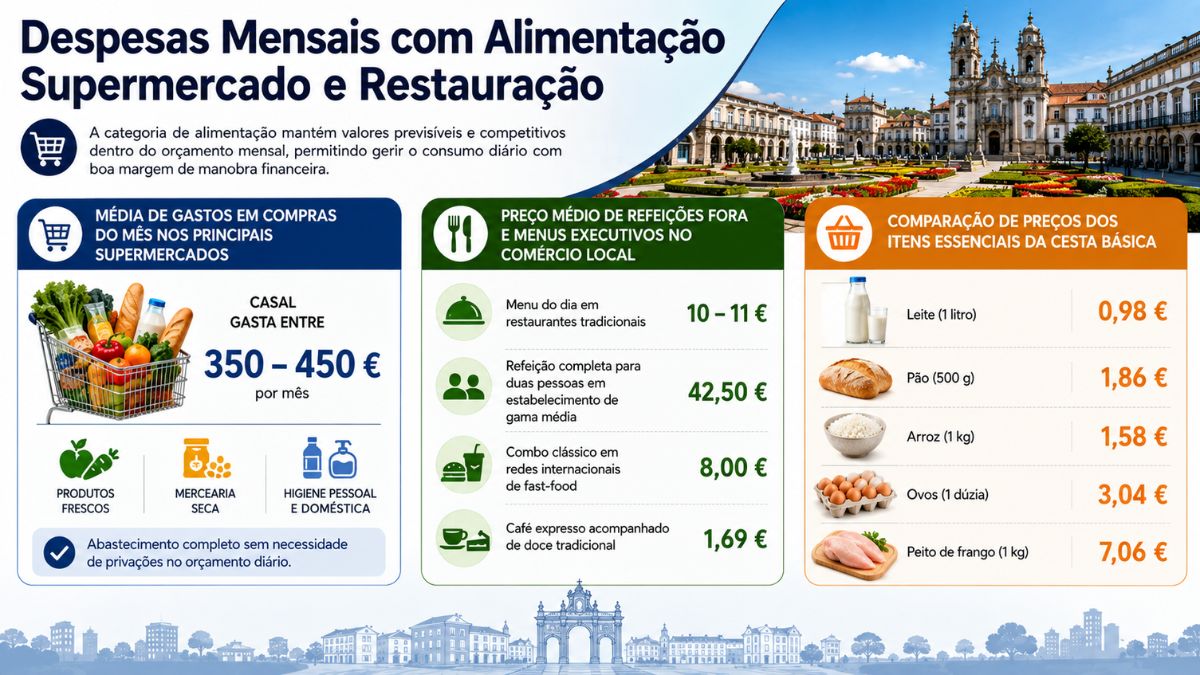 Infográfico com dados de despesas mensais de supermercado restauração e preços da cesta básica no município de Braga.