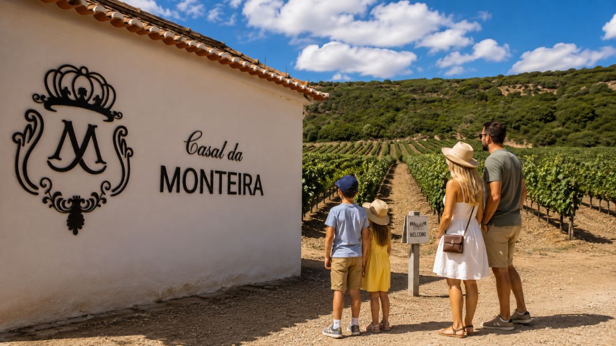 Família em pé diante da entrada do Casal da Monteira admirando os vinhedos para enoturismo em Arruda dos Vinhos.