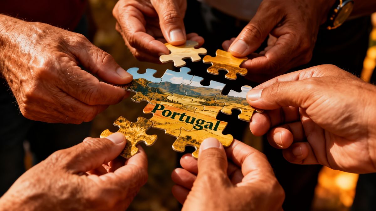 Várias mãos de pessoas unidas montando juntas um quebra cabeça com a palavra Portugal e imagem de paisagem rural sobre o tema de espírito empreendedor e cooperação regional.