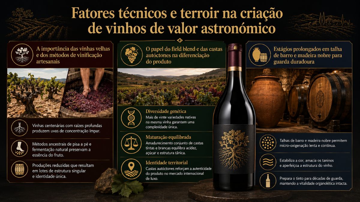 Infográfico sobre fatores técnicos e terroir na produção de vinhos de alto valor exibindo garrafa, vinhas velhas, pisa a pé e talhas de barro.