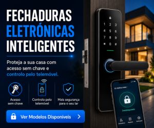 Banner de fechaduras eletrónicas inteligentes com teclado digital e aplicação no telemóvel para proteção residencial sem chave em Portugal.