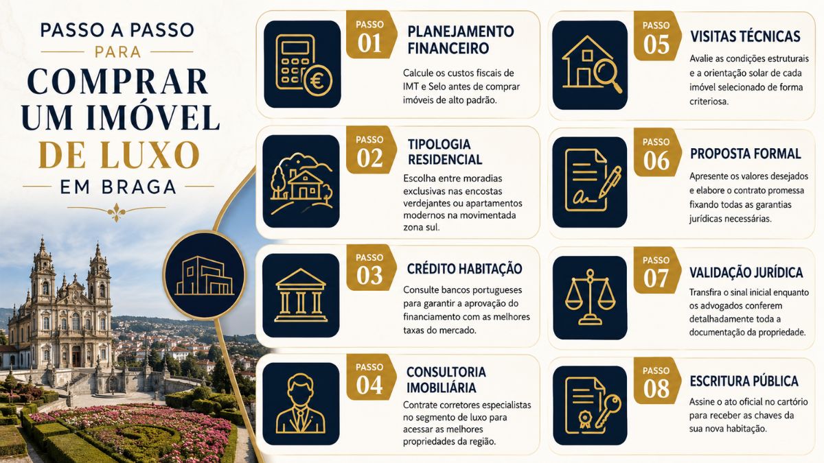 Infográfico em português detalhando oito passos essenciais para adquirir um imóvel de luxo em Braga, com ícones e uma foto do Santuário do Bom Jesus do Monte.