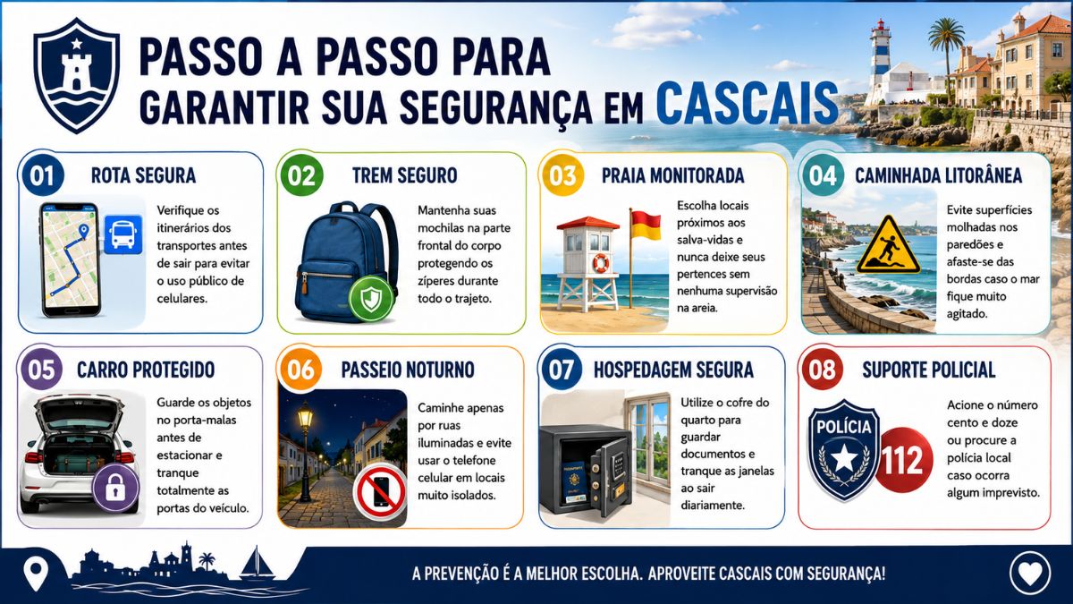 Infográfico ilustrado intitulado Passo a Passo para Garantir sua Segurança em Cascais, apresentando oito painéis numerados com dicas de prevenção em português, ícones e um fundo com a paisagem costeira de Cascais.