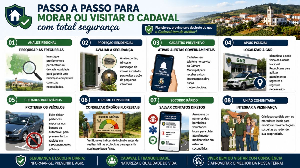 Infográfico em formato de oito cartões numerados e ilustrados detalhando passos para garantir segurança residencial e pessoal no Cadaval.