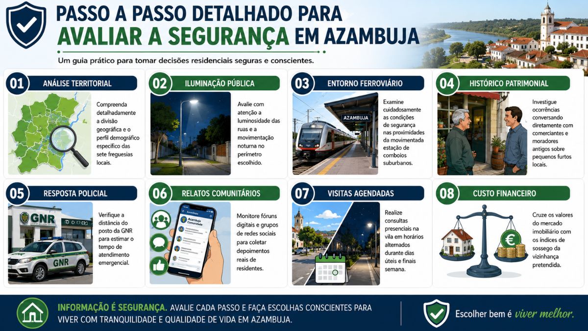 Um infográfico detalhado intitulado 'Passo a Passo Detalhado para Avaliar a Segurança em Azambuja', apresentando oito etapas numeradas com ícones e texto explicativo, um mapa, fotos de locais e gráficos, sobre um fundo com uma vista panorâmica de uma cidade e rio.