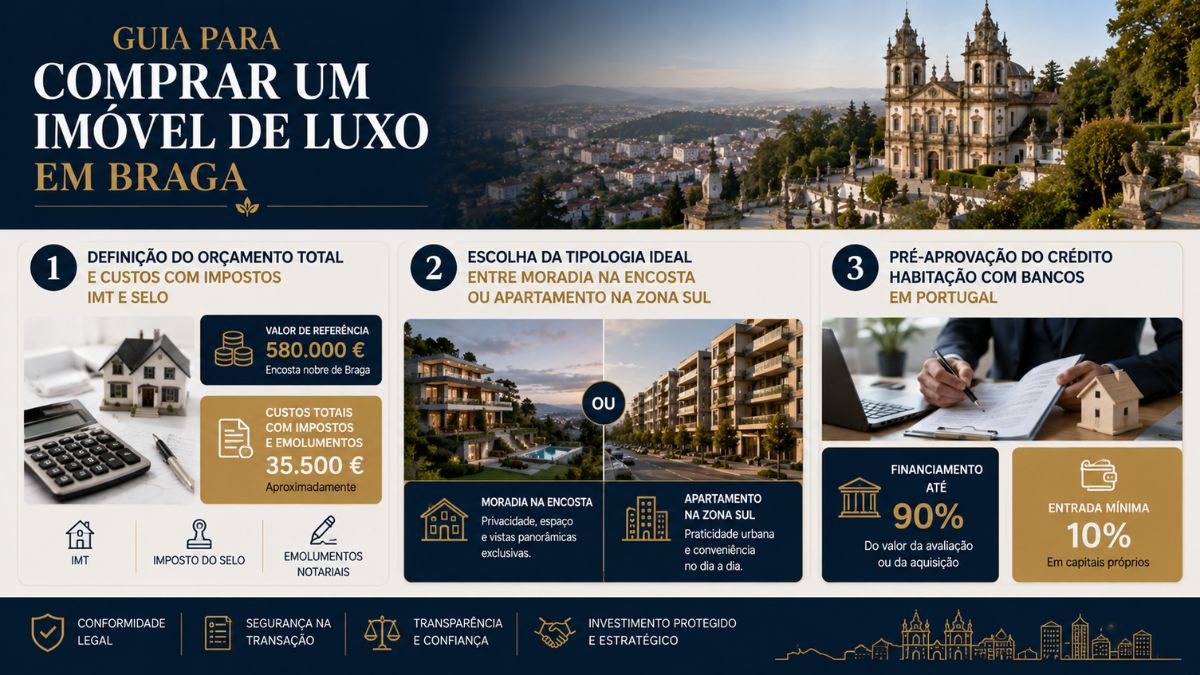Infográfico ilustrativo detalhando o guia para comprar um imóvel de luxo em Braga, com etapas financeiras, tributárias e tipologias imobiliárias.