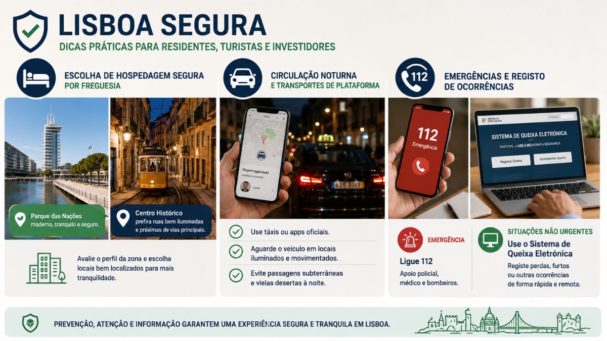 Infográfico sobre dicas de segurança em Lisboa abordando a escolha de hospedagem por freguesia circulação noturna com transporte por aplicativo e procedimentos de emergência com número 112 e Sistema de Queixa Eletrónica.