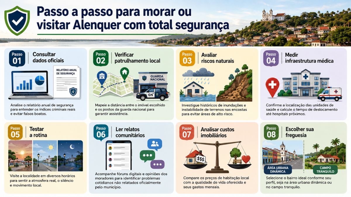 Infográfico organizado em oito passos numerados sobre como avaliar a segurança, infraestrutura, riscos naturais e qualidade de vida ao escolher morar ou visitar o município de Alenquer, em Portugal.