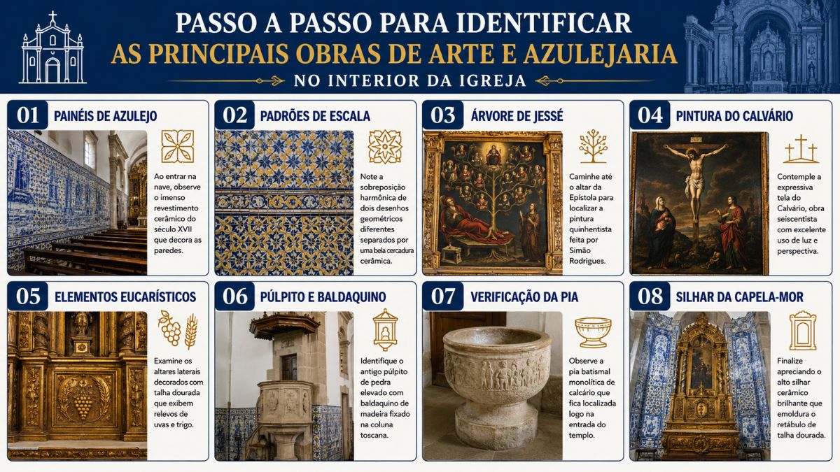 Infográfico com passo a passo em oito etapas para identificar as principais obras de arte, pinturas, talha dourada e painéis de azulejos históricos no interior da Igreja Matriz de Azambuja.