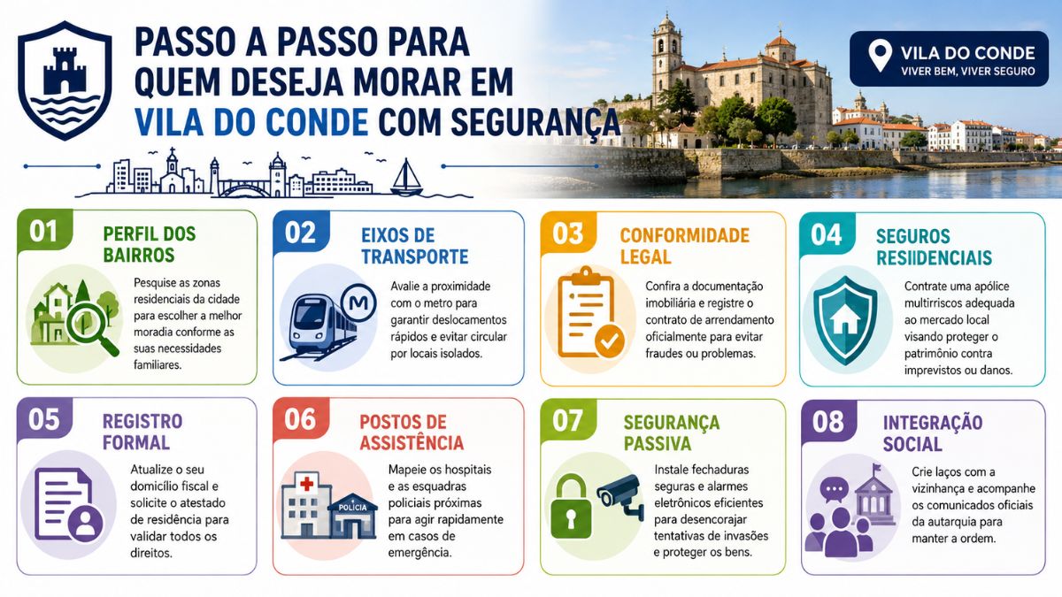 Infográfico retangular com o cabeçalho azul e o logotipo da cidade de Vila do Conde no canto superior esquerdo e uma foto da cidade no canto superior direito. O título principal diz Passo a passo para quem deseja morar em Vila do Conde com segurança. Abaixo dele há oito cartões numerados e coloridos dispostos em duas linhas com quatro colunas detalhando dicas de segurança e habitação. Cada cartão contém um ícone ilustrativo um título em caixa alta e um pequeno parágrafo explicativo. Os temas abordados são perfil dos bairros, eixos de transporte, conformidade legal, seguros residenciais, registro formal, postos de assistência, segurança passiva e integração social.