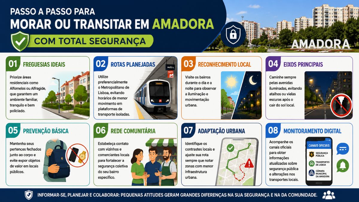 Infográfico ilustrado contendo oito passos essenciais para moradores e visitantes circularem com segurança, tranquilidade e prevenção na cidade da Amadora.