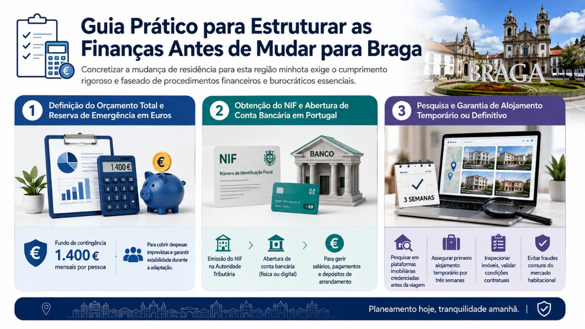 Infográfico com passo a passo para planeamento financeiro orçamento reserva de emergência NIF e alojamento no município de Braga.
