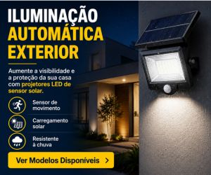 Banner de iluminação automática exterior com projetor LED solar e sensor de movimento instalada na parede para proteção residencial.