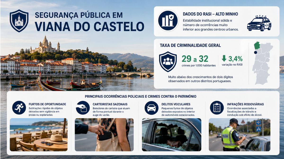 Infografia com dados de segurança pública em Viana do Castelo, destacando estatísticas do RASI e principais ocorrências criminais registradas no concelho.