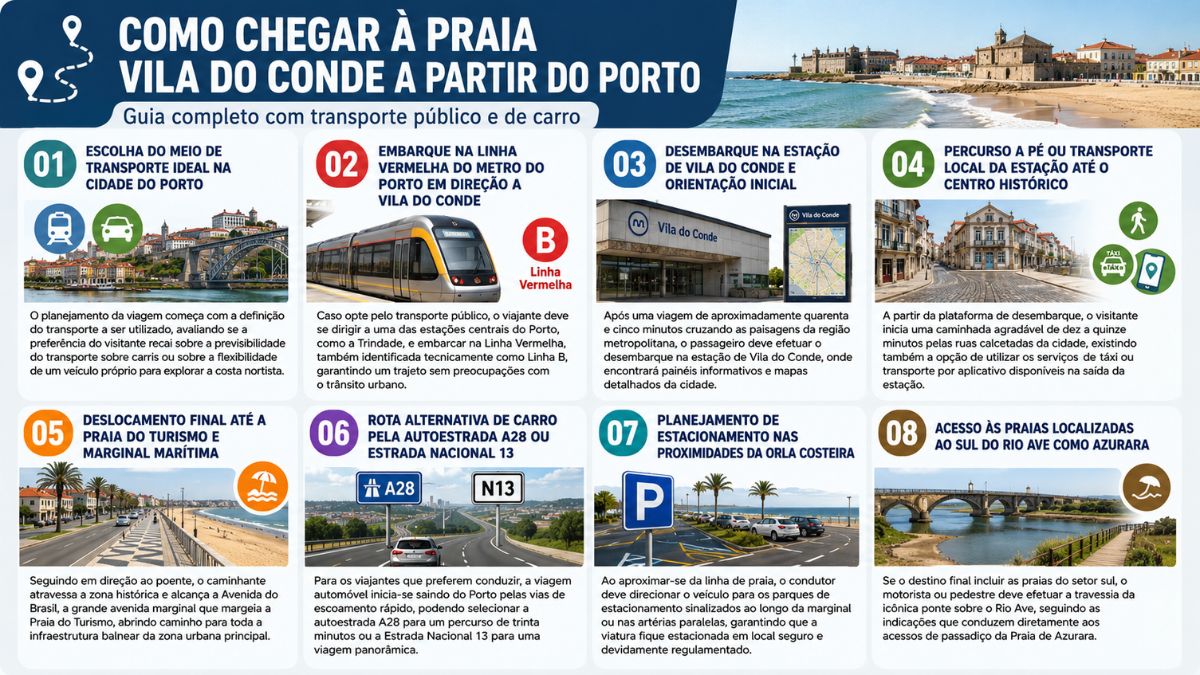 Infográfico em oito etapas com instruções detalhadas sobre como ir do Porto até a Praia de Vila do Conde, em Portugal, utilizando metrô, carro ou transportes locais. Apresenta o roteiro em formato visual, com textos em português e imagens dos transportes e pontos turísticos pelo caminho, incluindo a Linha Vermelha do metrô, o centro histórico, a marginal e a Praia de Azurara.