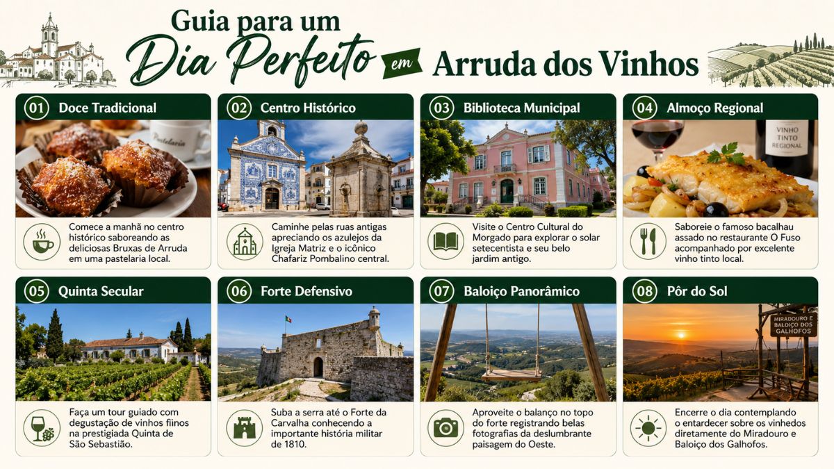 Infográfico com fundo claro e detalhes verdes contendo oito cartões numerados com fotos e descrições dos principais pontos turísticos de Arruda dos Vinhos.