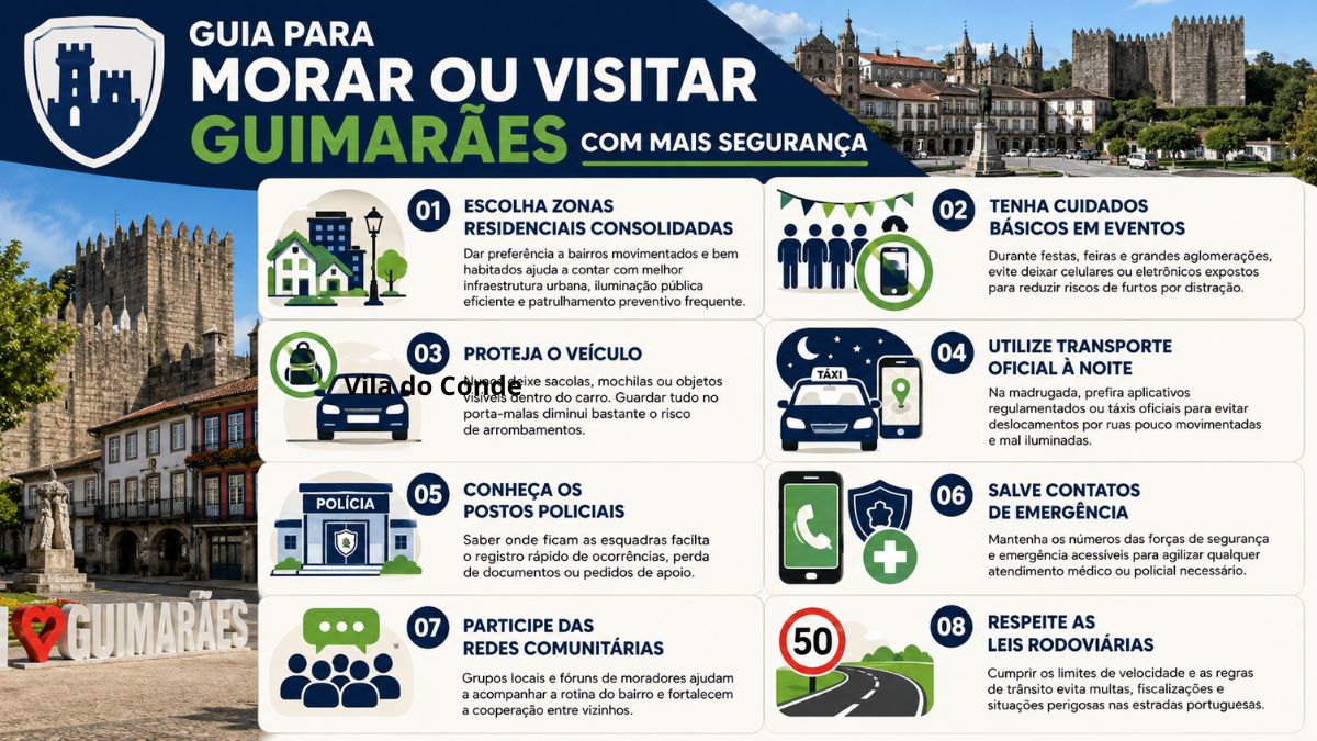 Infográfico informativo intitulado Guia para morar ou visitar Guimarães com mais segurança, apresentando oito cartões explicativos numerados de um a oito com dicas práticas de prevenção urbana, ilustrados por ícones coloridos e acompanhados por fotos das muralhas medievais e do centro histórico da cidade nas laterais.