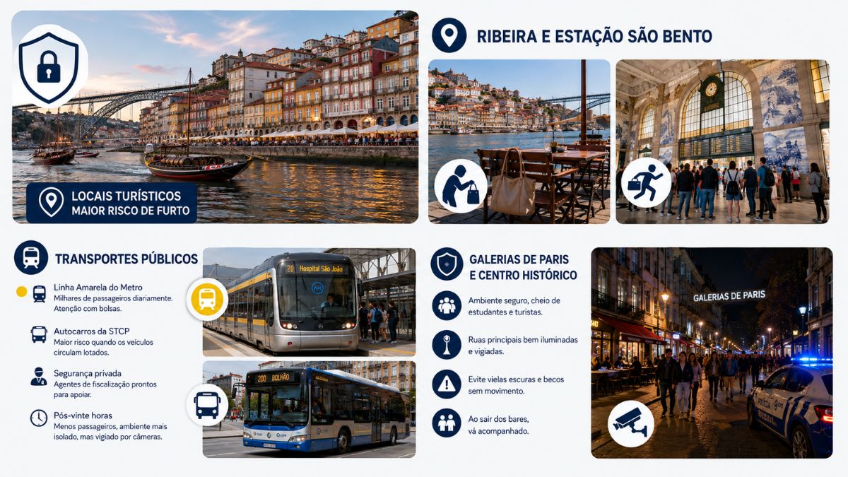 Infográfico detalhado sobre locais turísticos com maior risco de furto no Porto incluindo Ribeira Estação de São Bento transportes públicos e Galerias de Paris