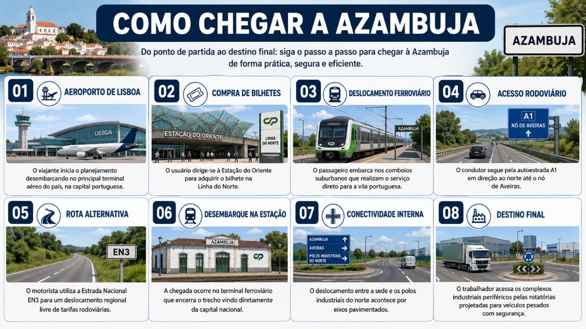 Infográfico explicativo dividido em oito etapas numeradas detalhando o trajeto de transporte ferroviário e rodoviário para alcançar a cidade de Azambuja em Portugal.