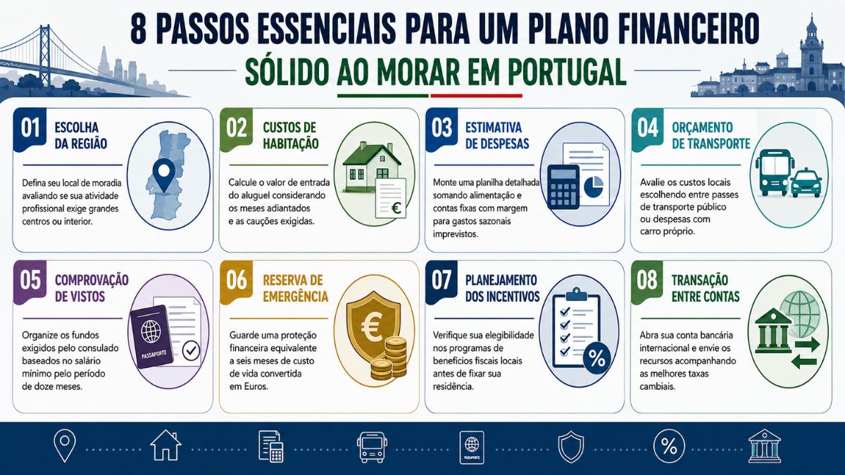 Infográfico explicativo com fundo claro dividindo em oito blocos numerados o passo a passo detalhado para organizar a transição financeira e morar em Portugal de forma estruturada.