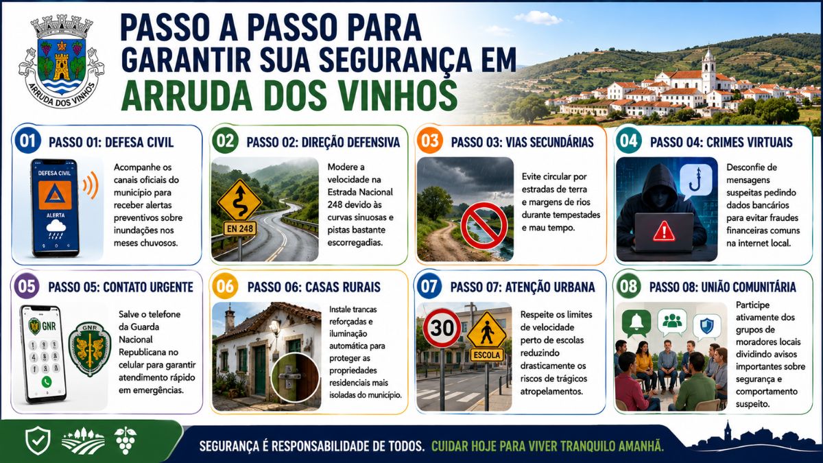 Infográfico detalhando oito passos preventivos de segurança na vila de Arruda dos Vinhos abrangendo defesa civil trânsito e proteção comunitária.