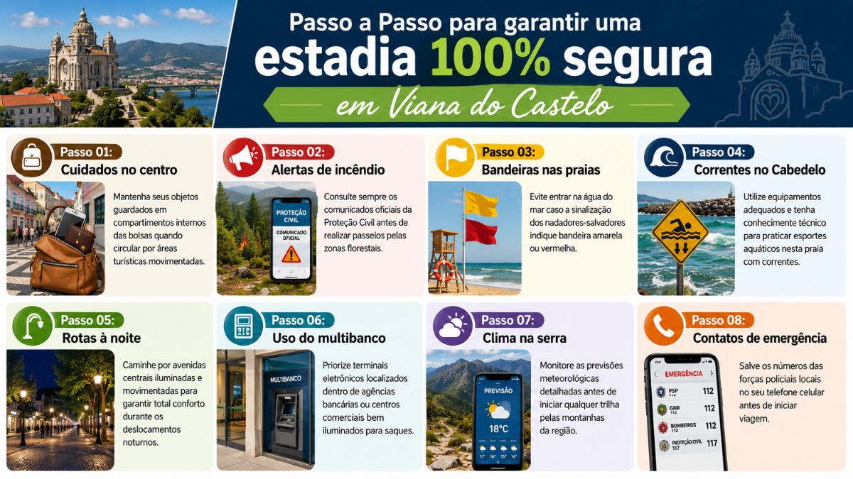 Infográfico informativo sobre segurança em Viana do Castelo com oito passos práticos para turistas evitarem incidentes e aproveitarem a viagem.