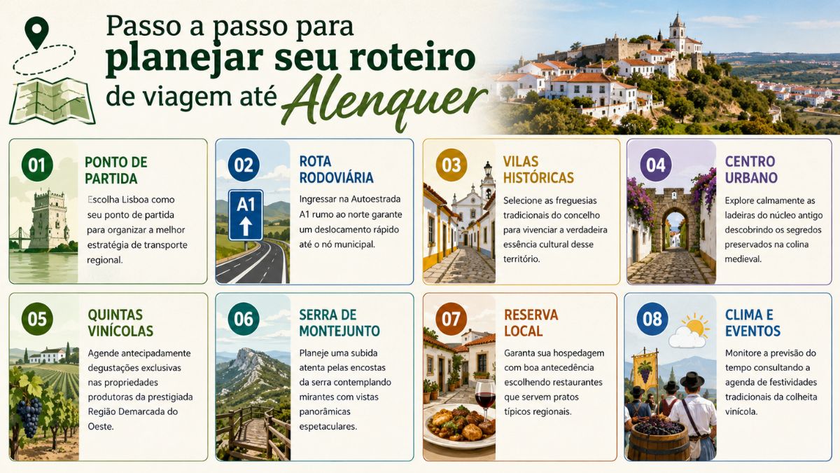 Infográfico explicativo com oito passos numerados para planejar uma viagem até Alenquer, exibindo ilustrações de Lisboa, rodovias, vilas históricas, vinhedos, montanhas e gastronomia local.