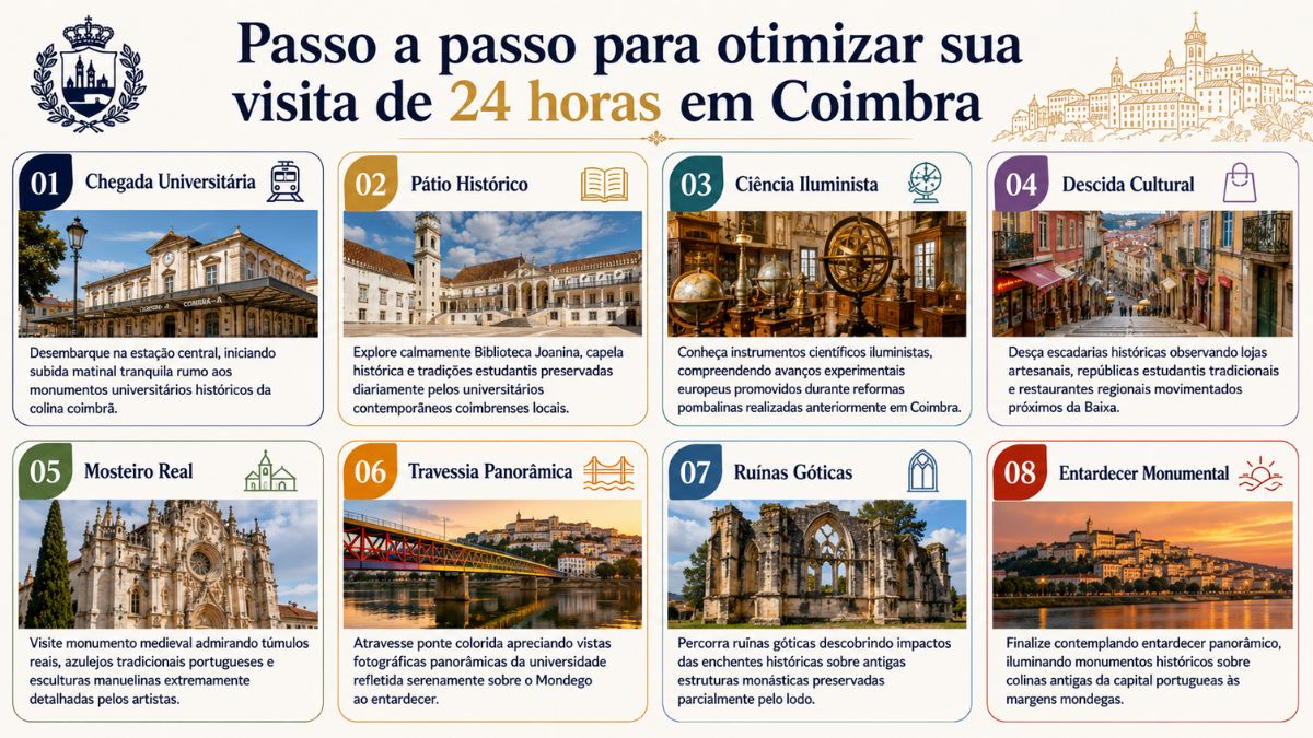 Infográfico com oito passos numerados detalhando um roteiro de turismo em Coimbra com fotos e descrições dos principais monumentos históricos da cidade.