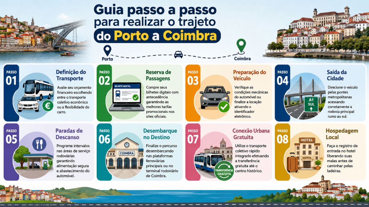 Infográfico explicativo em formato de painel dividido em oito etapas coloridas detalhando o planejamento logístico e as opções de transporte para viajar do Porto a Coimbra.
