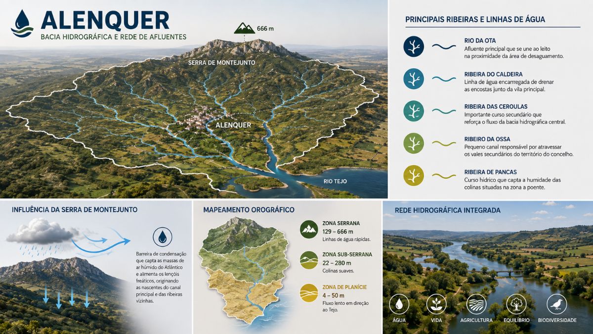 Infográfico explicativo da bacia hidrográfica de Alenquer, destacando a Serra de Montejunto, as principais ribeiras afluentes e o mapeamento orográfico entre as zonas serrana, sub-serrana e de planície.