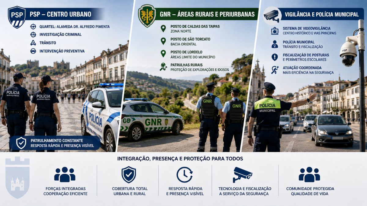 Infográfico sobre a segurança pública em Guimarães com a atuação da PSP no centro urbano, postos da GNR nas áreas rurais e vigilância da Polícia Municipal.