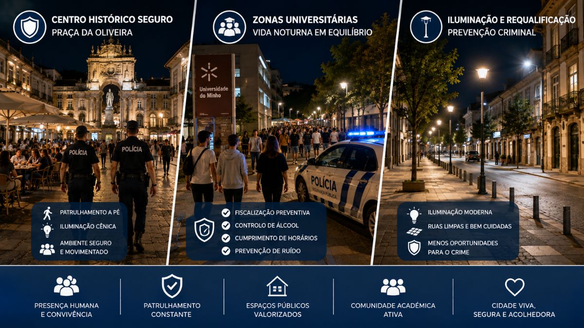 Infográfico mostrando patrulhamento a pé na Praça da Oliveira, fiscalização preventiva perto da Universidade do Minho e iluminação pública moderna em Guimarães.
