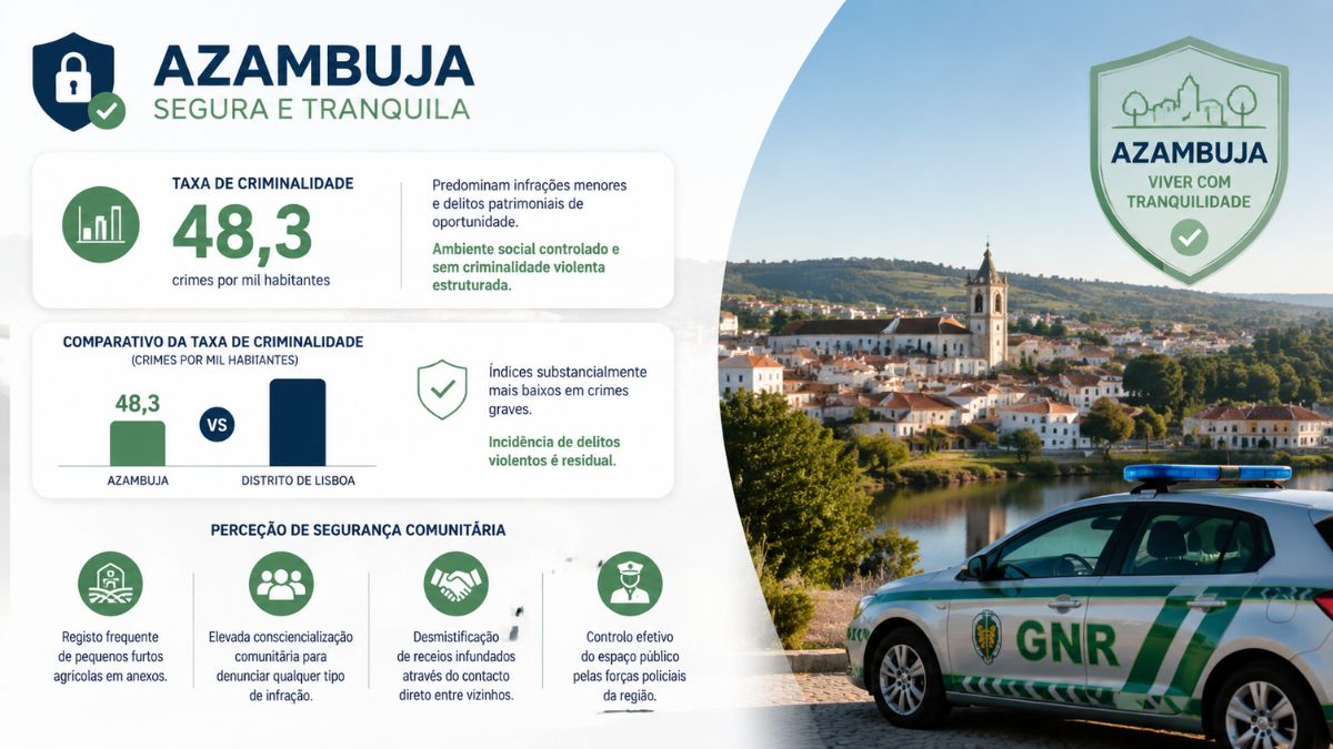 Infográfico sobre a segurança em Azambuja apresentando a taxa de criminalidade de 48,3 por mil habitantes, comparativo com o distrito de Lisboa e imagem de viatura da GNR.