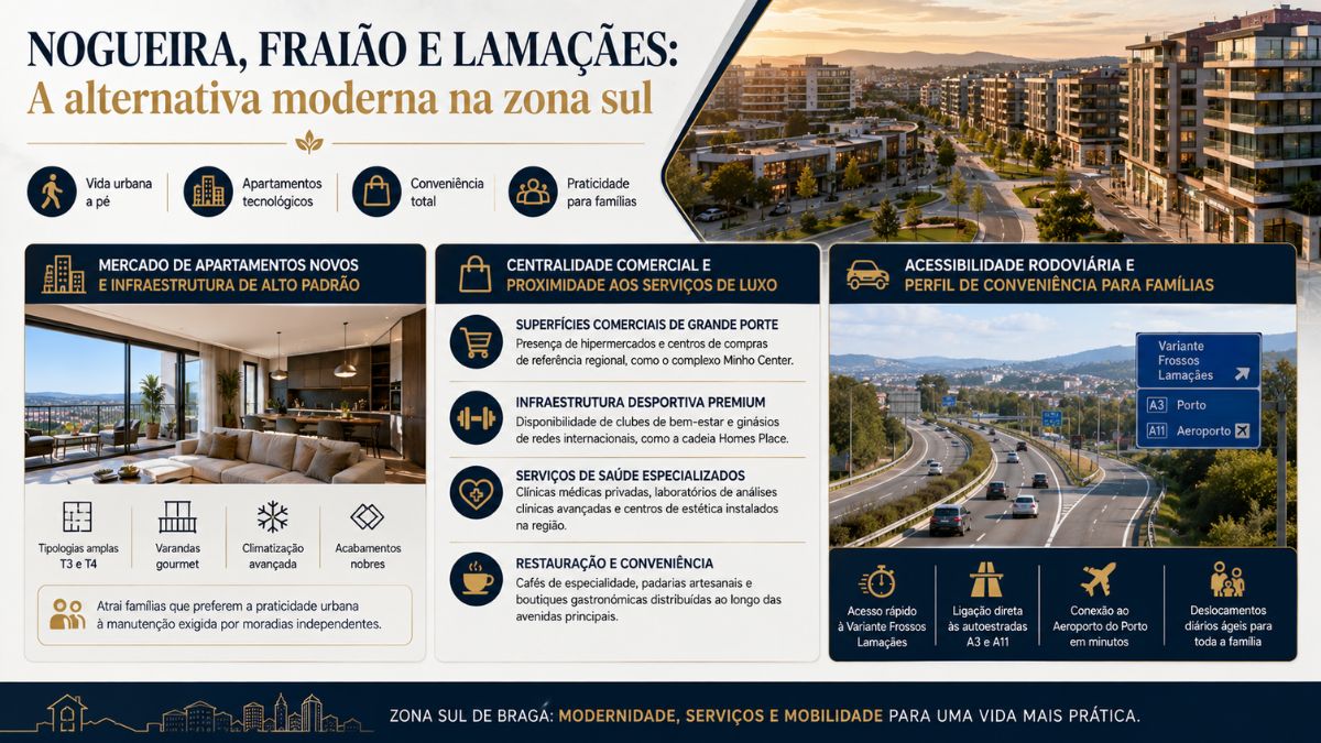 Infográfico informativo sobre Nogueira, Fraião e Lamaçães destacando a oferta de apartamentos modernos, infraestrutura de serviços de luxo e acessibilidade na zona sul de Braga.