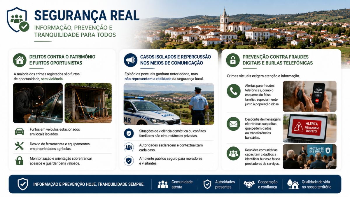 Infográfico explicativo sobre tipos de crimes registrados no Cadaval, abordando delitos contra o património, furtos oportunistas sem violência, análise de casos isolados e prevenção contra fraudes digitais e burlas telefónicas.