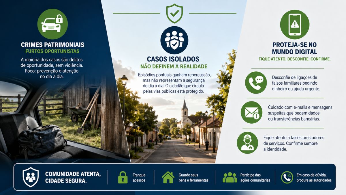Infográfico sobre segurança pública detalhando prevenção contra furtos oportunistas, análise de episódios isolados em vias públicas e dicas para evitar fraudes digitais telefônicas.