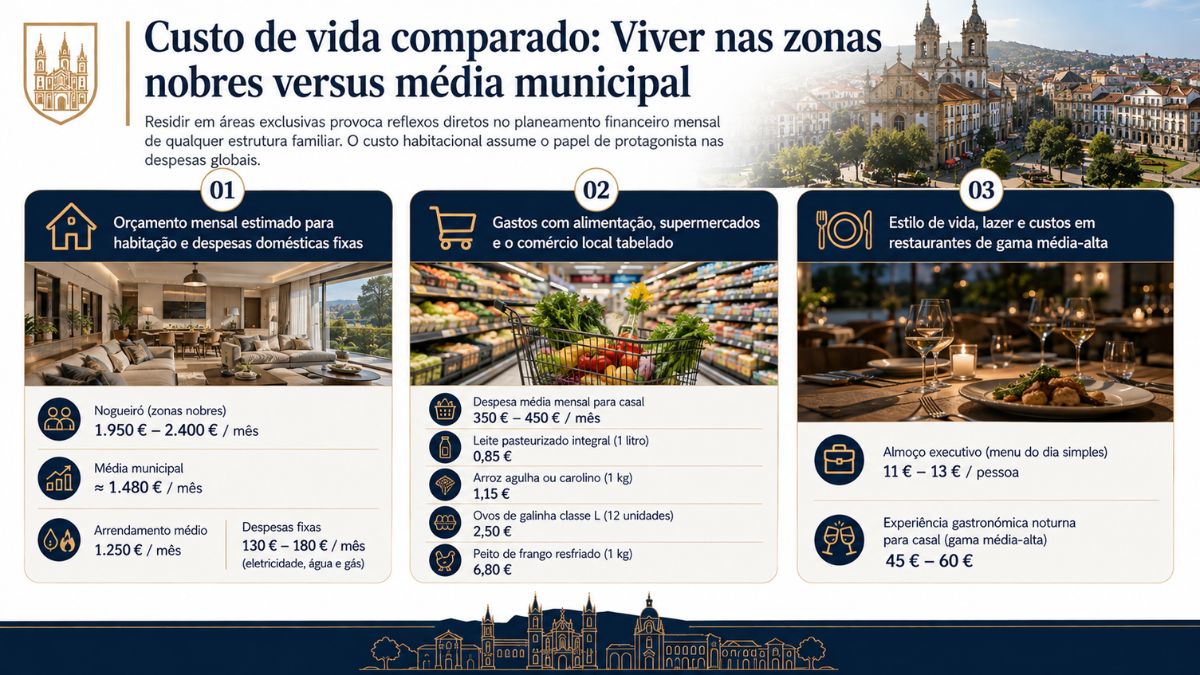 Infográfico explicativo sobre o custo de vida comparado em Braga, exibindo orçamentos mensais, despesas com alimentação e custos de restaurante em zonas nobres.