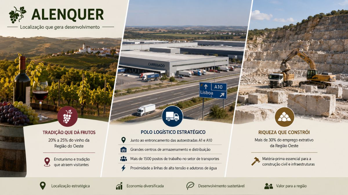 Infográfico sobre a economia de Alenquer em três setores destacando a vitivinicultura, o polo logístico do Carregado e as pedreiras de calcário.