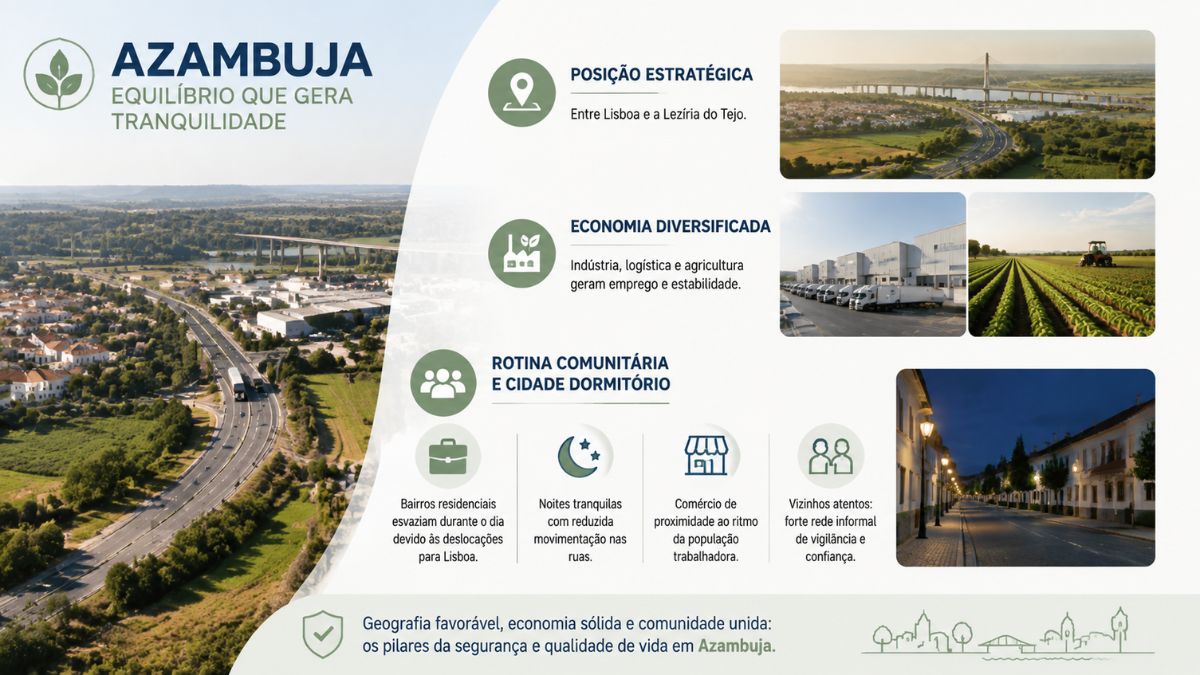 Infográfico sobre a qualidade de vida em Azambuja mostrando a posição geográfica entre Lisboa e a Lezíria do Tejo, economia diversificada e rotina residencial pacata.