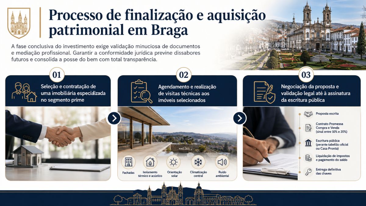 Infográfico explicativo sobre a finalização da compra de imóveis em Braga, incluindo seleção de imobiliária, visitas técnicas e assinatura da escritura pública.