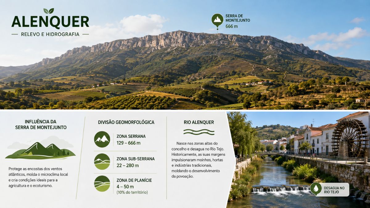 Infográfico explicativo sobre o relevo e hidrografia de Alenquer destacando a Serra de Montejunto com 666 metros, a divisão geomorfológica das altitudes e o percurso do Rio Alenquer.