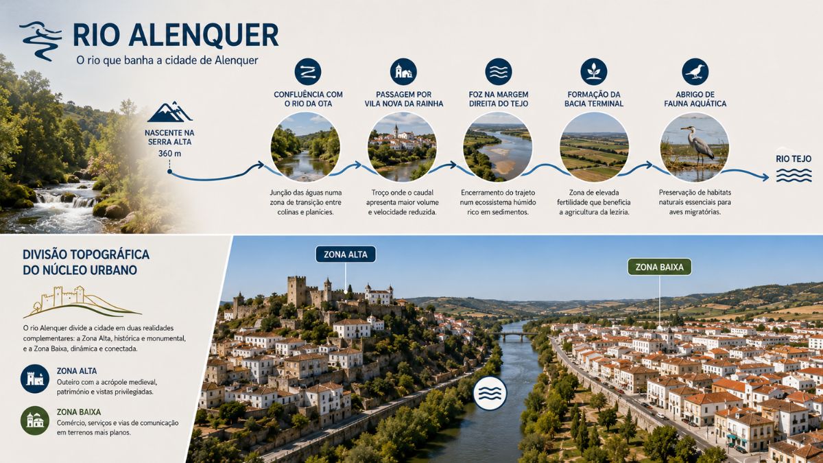 Infográfico ilustrativo sobre o Rio Alenquer, destacando a nascente na Serra Alta, a confluência com o Rio da Ota, a foz no Rio Tejo e a divisão topográfica entre a Zona Alta e a Zona Baixa da vila.