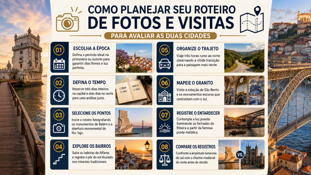 Infográfico com o título Como planejar seu roteiro de fotos e visitas para avaliar as duas cidades. O fundo exibe a Torre de Belém à esquerda e a Ponte Dom Luís I à direita. No centro há oito blocos numerados com ícones, subtítulos e instruções textuais acompanhados por pequenas fotos ilustrativas de paisagens portuguesas.