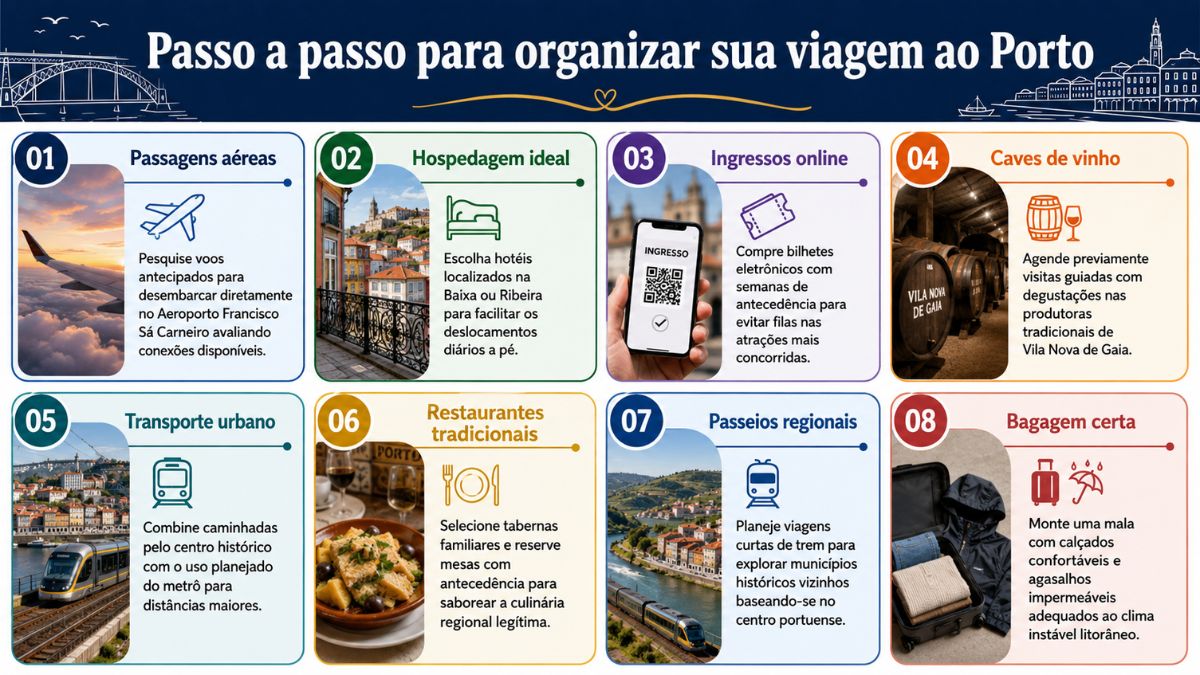 Infográfico com fundo azul-escuro estruturado em oito blocos coloridos numerados de um a oito, detalhando um guia prático de turismo na cidade do Porto com títulos curtos, textos informativos, ícones ilustrativos e fotografias reais de passagens aéreas, hotéis, ingressos, caves, transportes, culinária e bagagem.