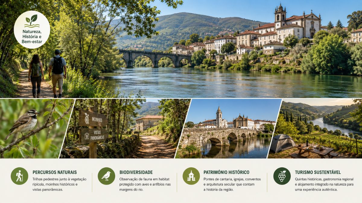 Infográfico sobre turismo sustentável e património em Alenquer, mostrando percursos pedestres na natureza, observação da biodiversidade, pontes históricas de cantaria e áreas de acampamento ribeirinhas.