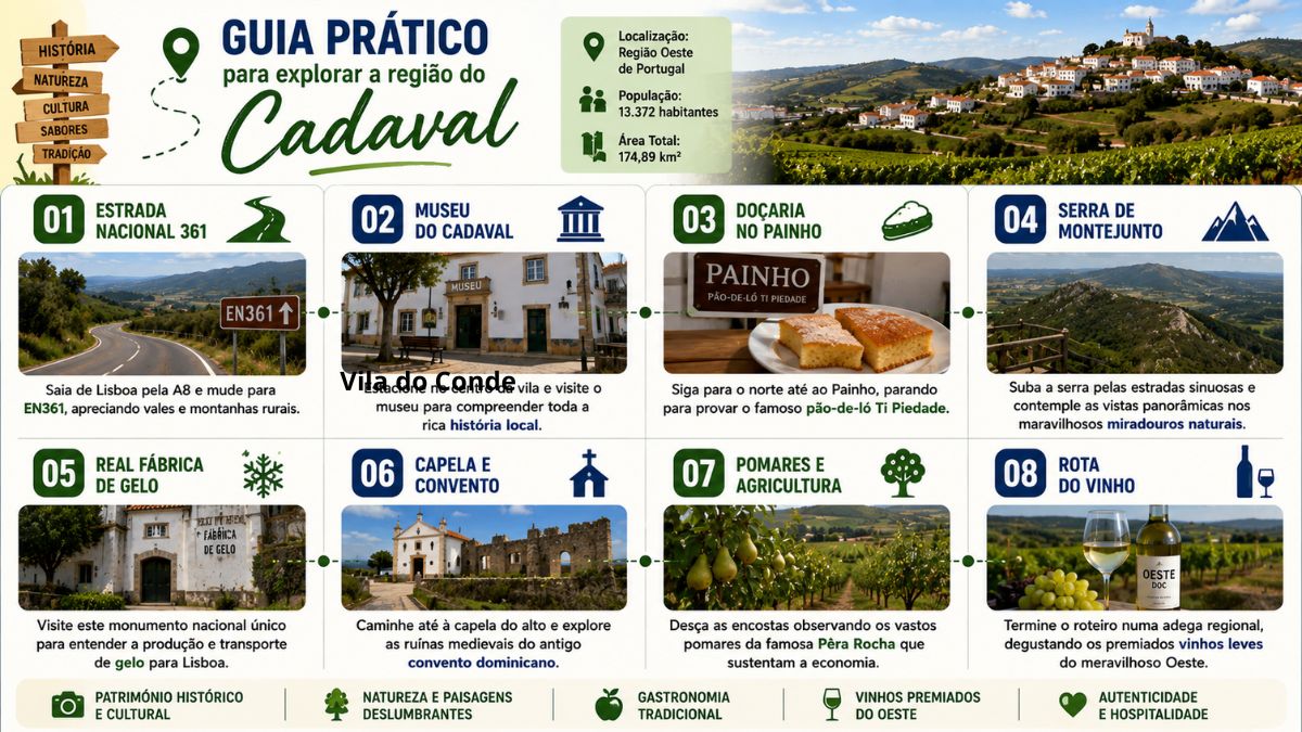 Infográfico colorido em formato de guia prático com oito passos numerados ilustrando o roteiro turístico completo pelo município do Cadaval em Portugal.