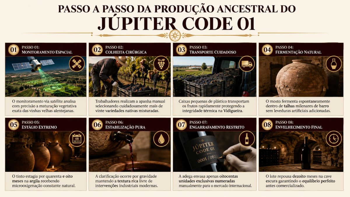 Infográfico explicativo mostrando os oito passos da produção ancestral do vinho Júpiter Code 01 desde o monitoramento espacial até o envelhecimento final.