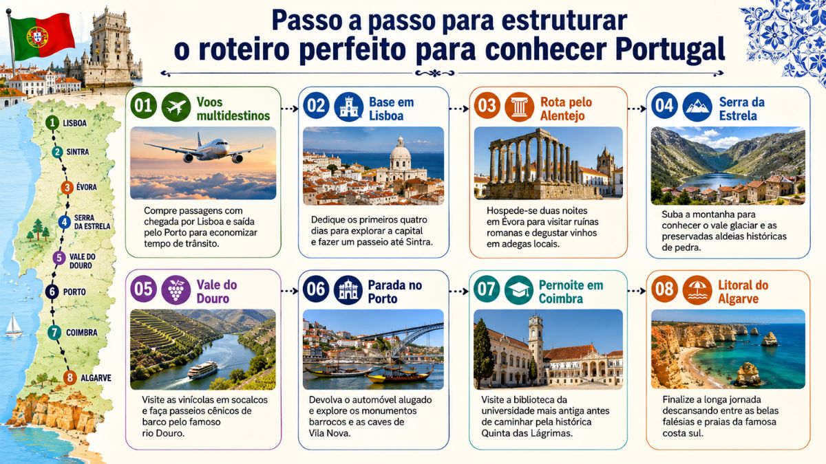 Infográfico com um mapa de Portugal no lado esquerdo e oito blocos numerados sequencialmente detalhando as etapas de um roteiro turístico.